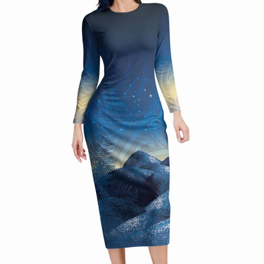 New Zealand Matariki Long Sleeve Bodycon Dress Maori Waka With Silver Fern LT05 Long Dress Navy - Polynesian Pride