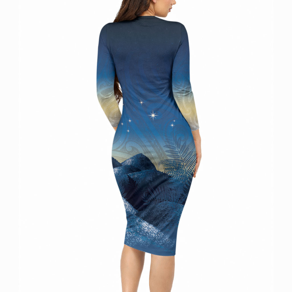 New Zealand Matariki Long Sleeve Bodycon Dress Maori Waka With Silver Fern LT05 - Polynesian Pride