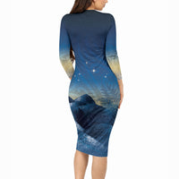 New Zealand Matariki Long Sleeve Bodycon Dress Maori Waka With Silver Fern LT05 - Polynesian Pride