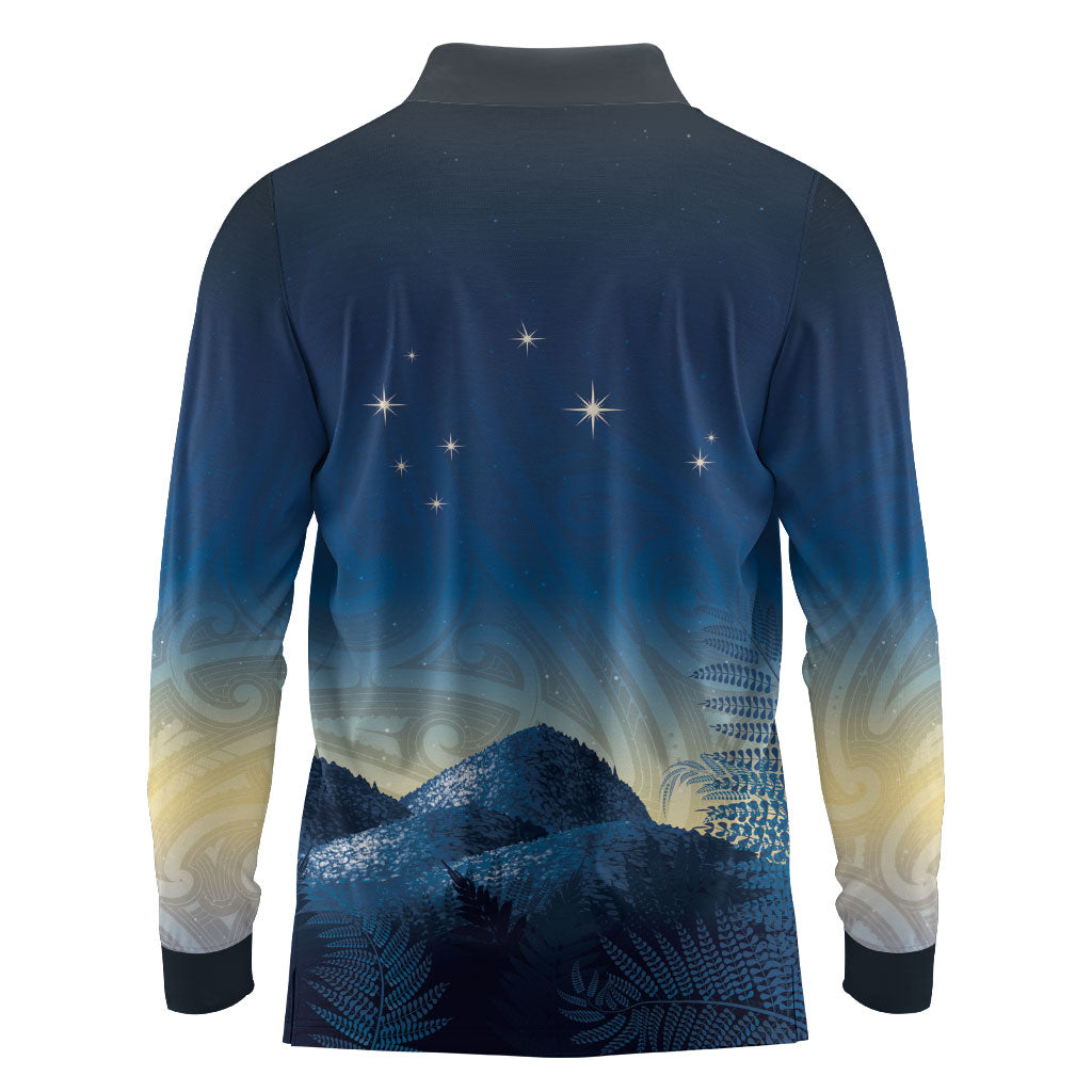 New Zealand Matariki Long Sleeve Polo Shirt Maori Waka With Silver Fern LT05 - Polynesian Pride