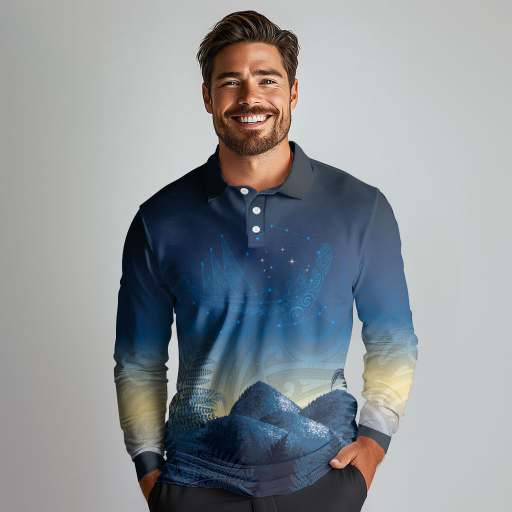 New Zealand Matariki Long Sleeve Polo Shirt Maori Waka With Silver Fern LT05 - Polynesian Pride