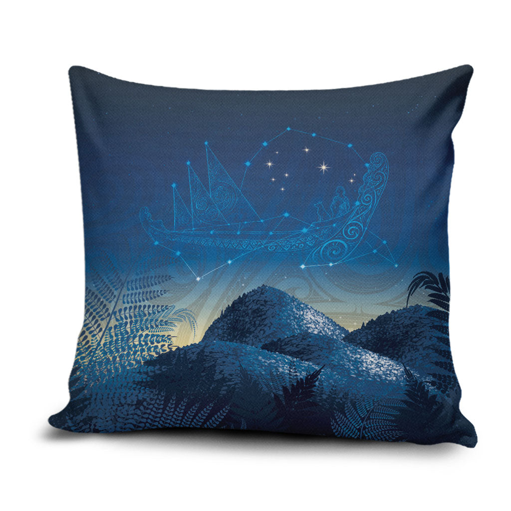 New Zealand Matariki Pillow Cover Maori Waka With Silver Fern LT05 Navy - Polynesian Pride