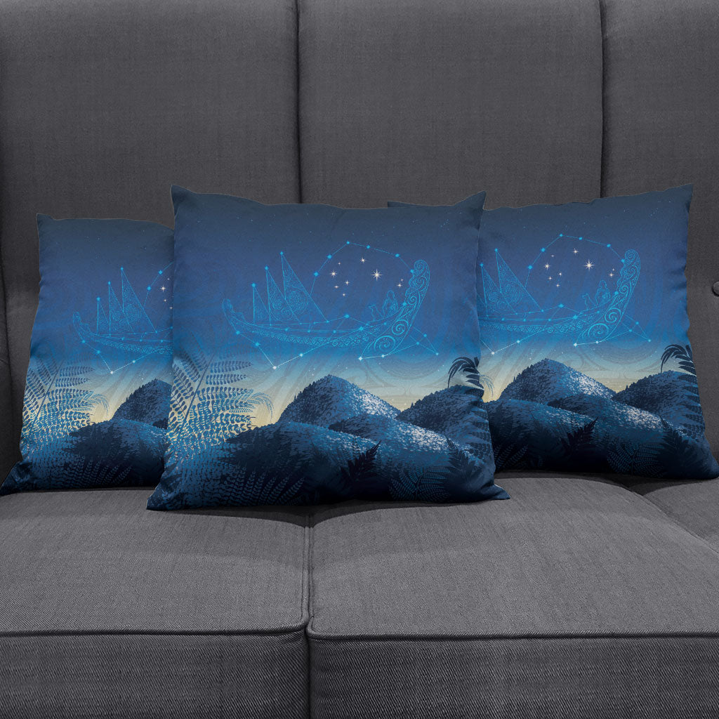 New Zealand Matariki Pillow Cover Maori Waka With Silver Fern LT05 - Polynesian Pride