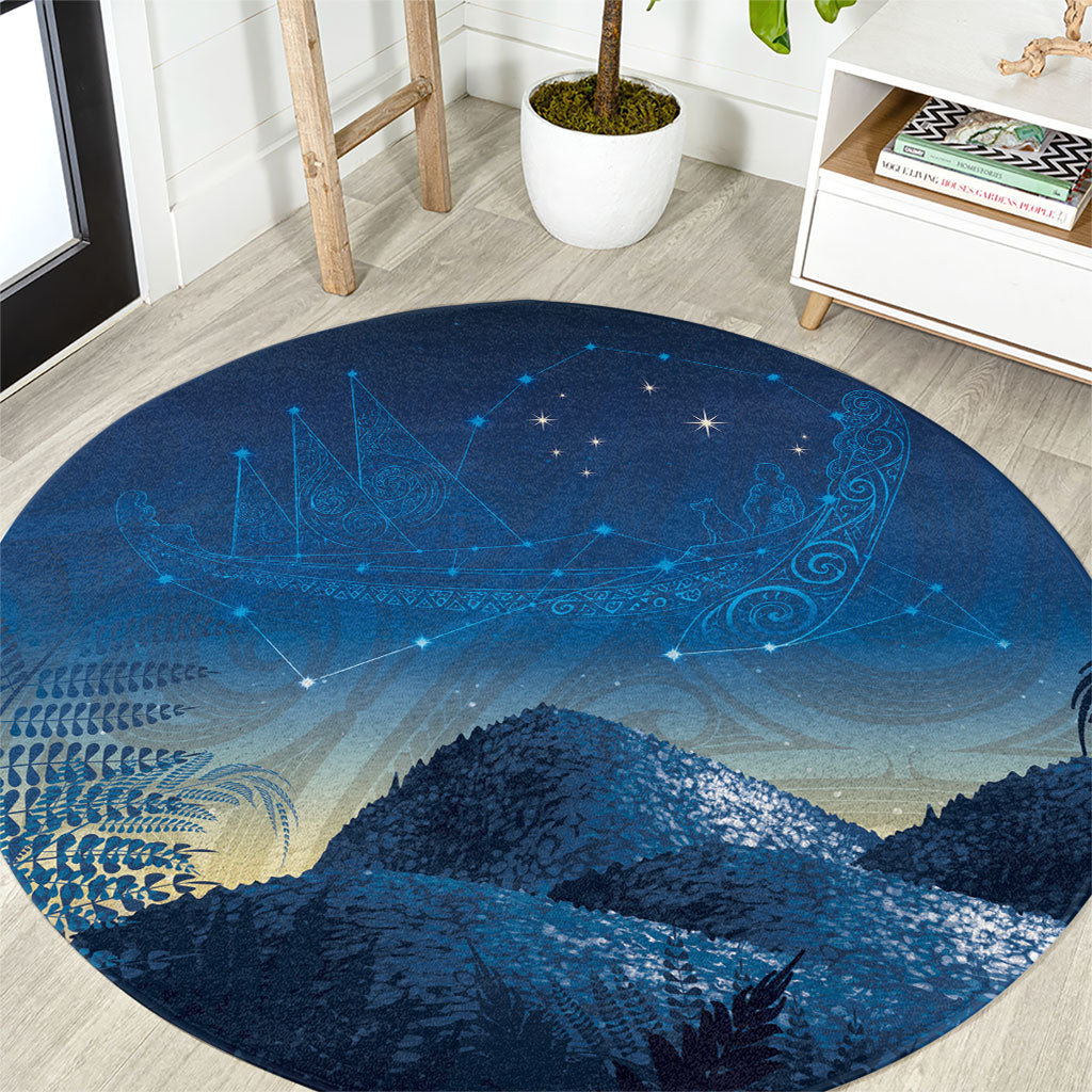 New Zealand Matariki Round Carpet Maori Waka With Silver Fern LT05 Navy - Polynesian Pride