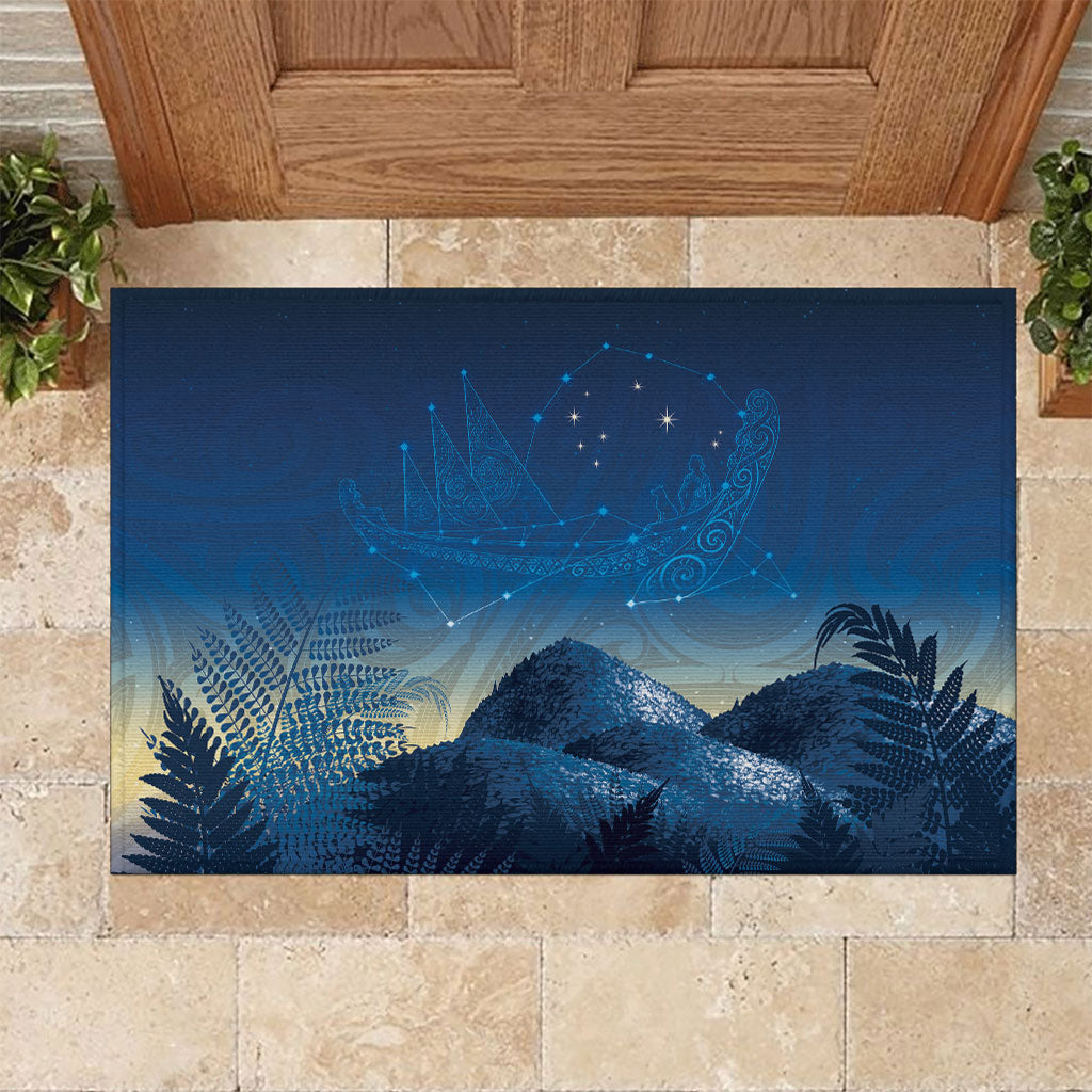New Zealand Matariki Rubber Doormat Maori Waka With Silver Fern LT05 Navy - Polynesian Pride