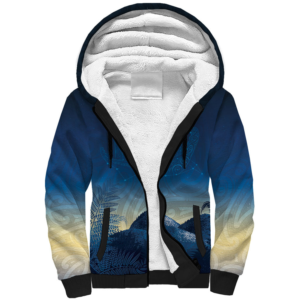 New Zealand Matariki Sherpa Hoodie Maori Waka With Silver Fern LT05 Unisex Navy - Polynesian Pride