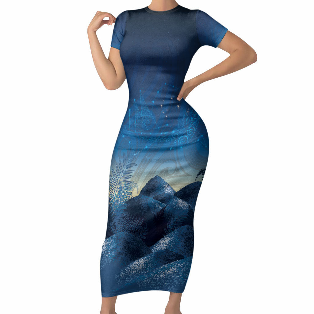 New Zealand Matariki Short Sleeve Bodycon Dress Maori Waka With Silver Fern LT05 Long Dress Navy - Polynesian Pride
