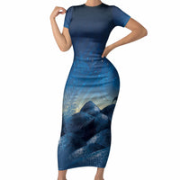New Zealand Matariki Short Sleeve Bodycon Dress Maori Waka With Silver Fern LT05 Long Dress Navy - Polynesian Pride
