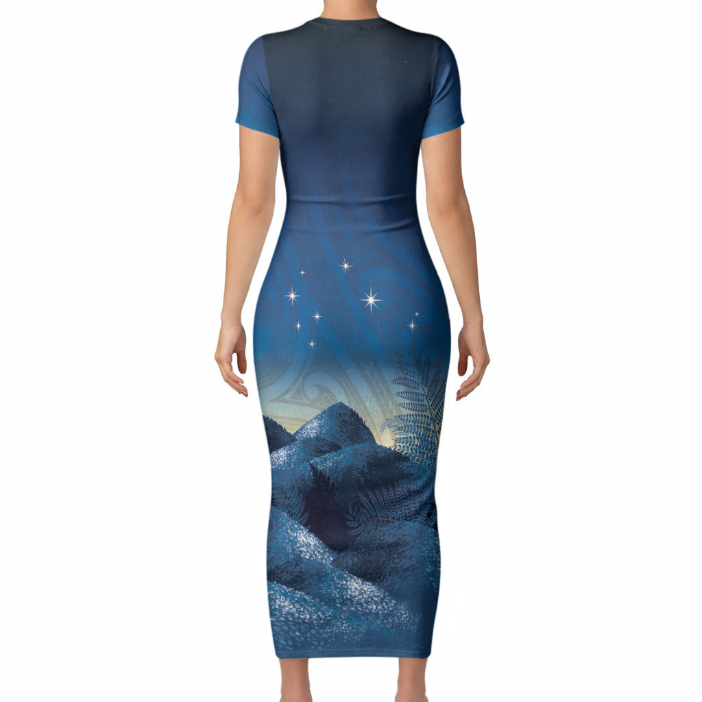 New Zealand Matariki Short Sleeve Bodycon Dress Maori Waka With Silver Fern LT05 - Polynesian Pride