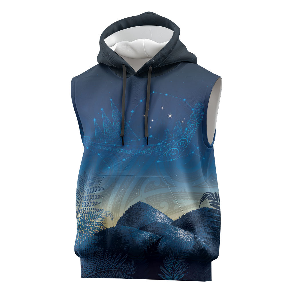 New Zealand Matariki Sleeveless Hoodie Maori Waka With Silver Fern LT05 Navy - Polynesian Pride