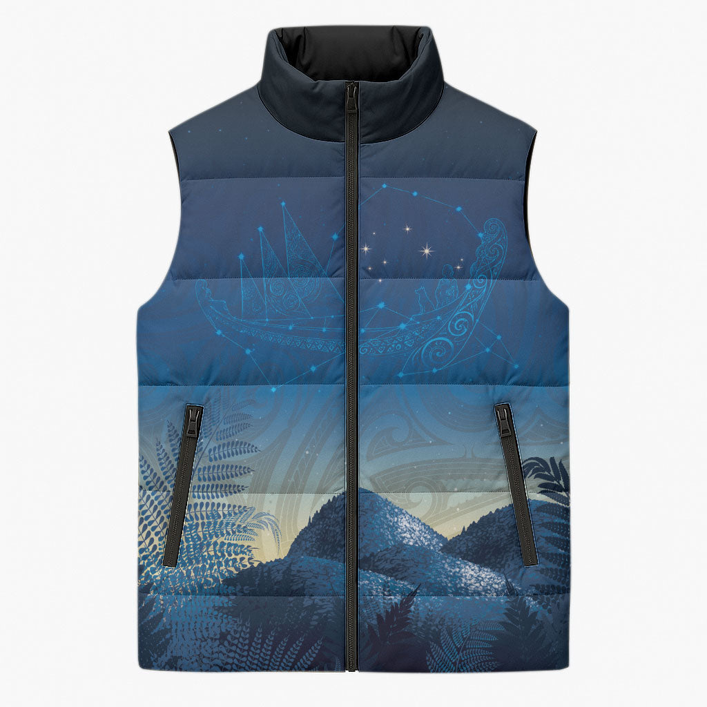 New Zealand Matariki Sleeveless Puffer Jacket Maori Waka With Silver Fern LT05 Unisex Navy - Polynesian Pride