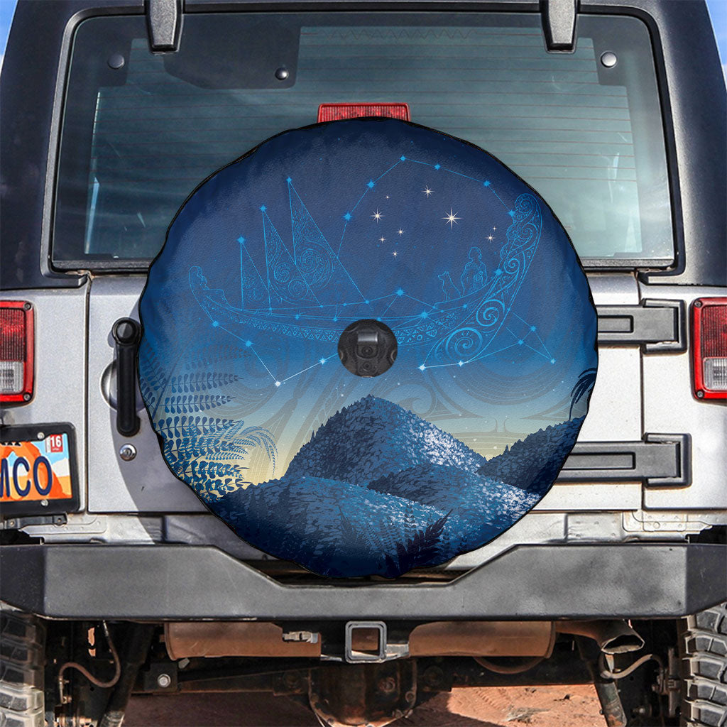 New Zealand Matariki Spare Tire Cover Maori Waka With Silver Fern LT05 Navy - Polynesian Pride