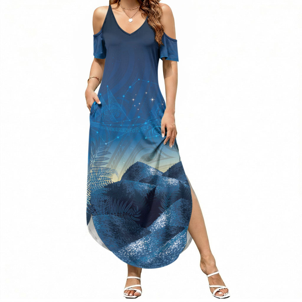 New Zealand Matariki Summer Maxi Dress Maori Waka With Silver Fern LT05 Women Navy - Polynesian Pride