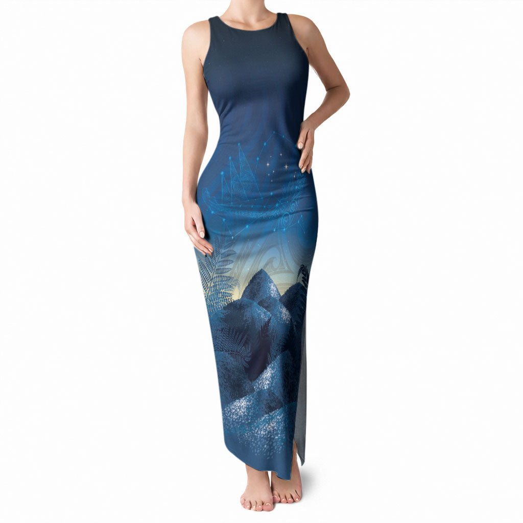 New Zealand Matariki Tank Maxi Dress Maori Waka With Silver Fern LT05 Women Navy - Polynesian Pride