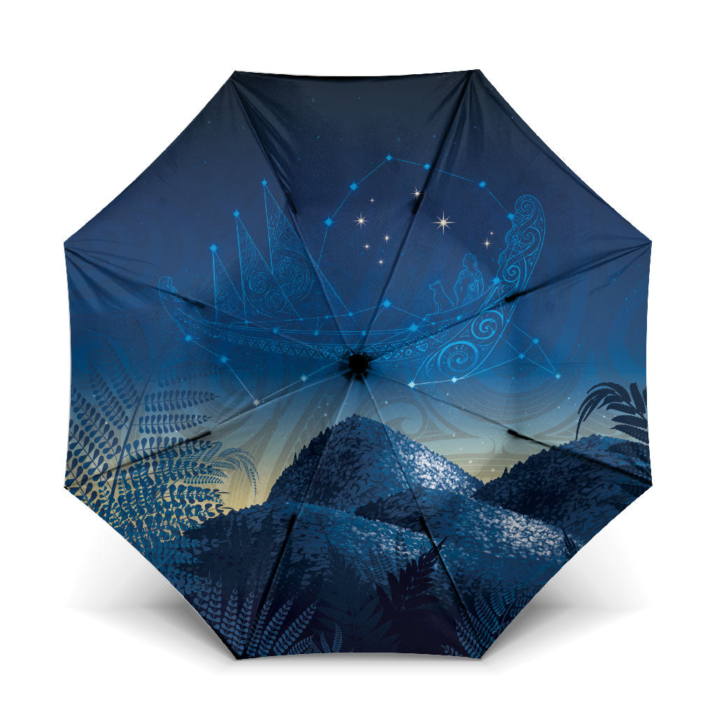 New Zealand Matariki Umbrella Maori Waka With Silver Fern LT05 One Size Folded 11.42 inch Opened Diameter 37.4 inch Navy - Polynesian Pride