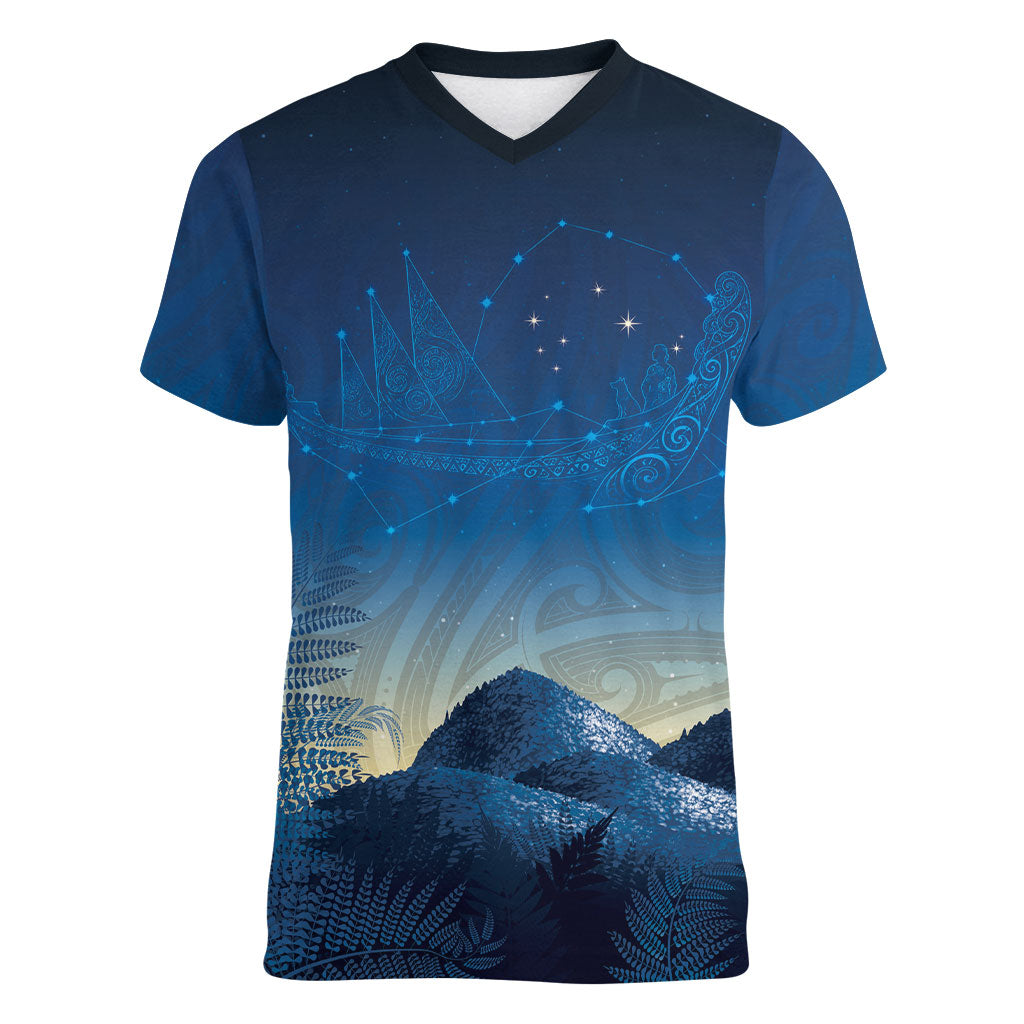 New Zealand Matariki Women V-Neck T-Shirt Maori Waka With Silver Fern LT05 Female Navy - Polynesian Pride