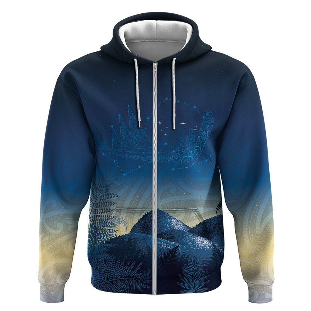 New Zealand Matariki Zip Hoodie Maori Waka With Silver Fern LT05 Zip Hoodie Navy - Polynesian Pride