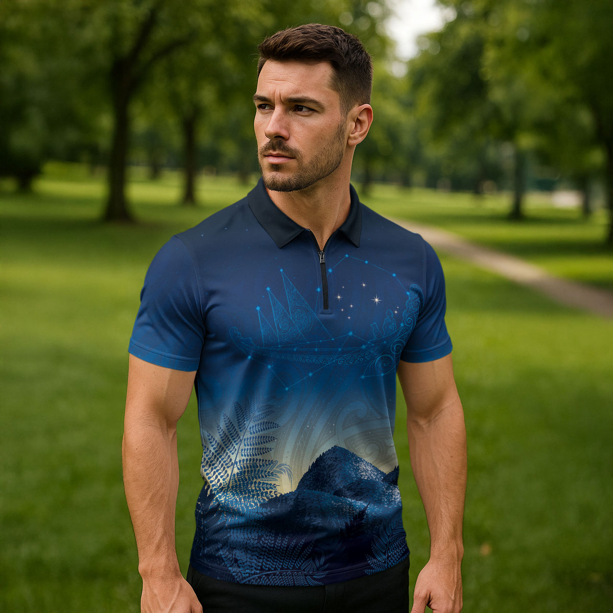 New Zealand Matariki Zipper Polo Shirt Maori Waka With Silver Fern LT05 - Polynesian Pride