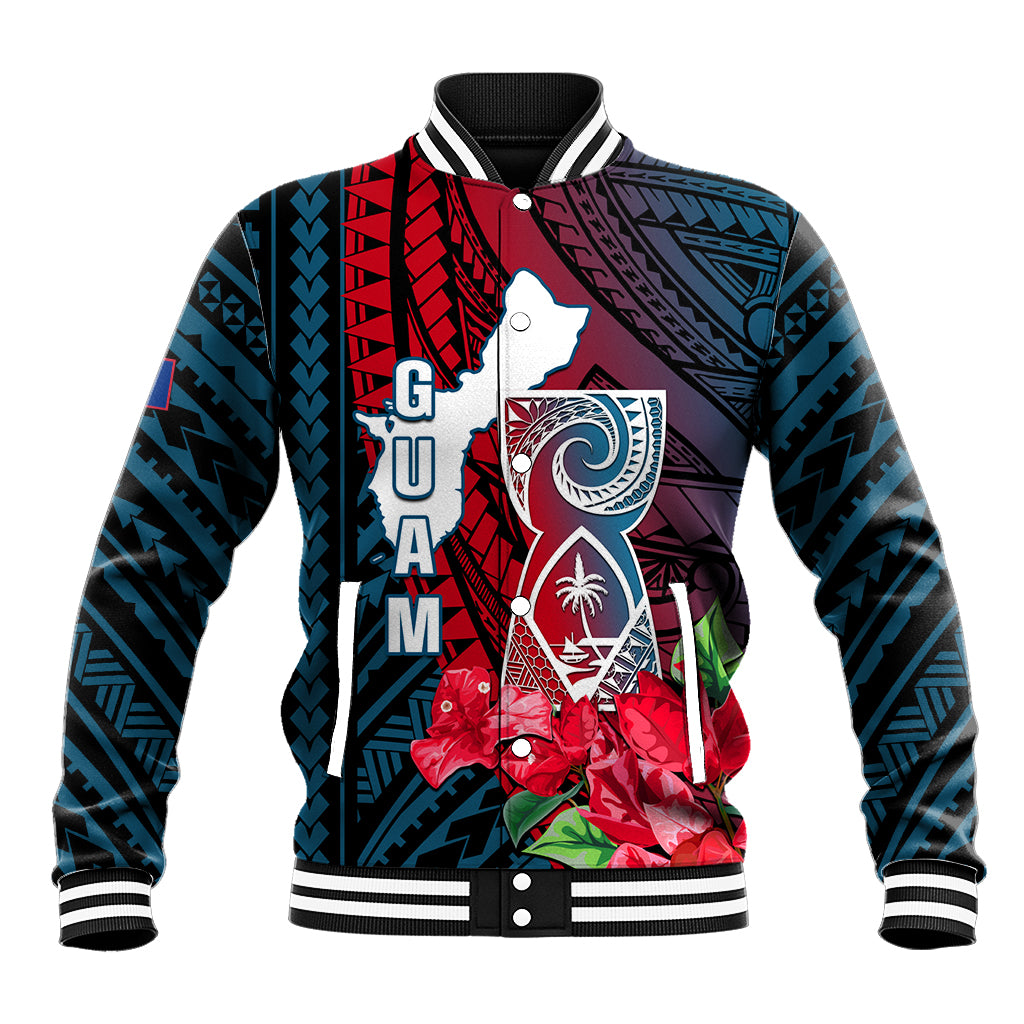 Guam Baseball Jacket Latte Stone Mix Bougainvillea Polynesian Pattern LT05 Unisex Blue - Polynesian Pride
