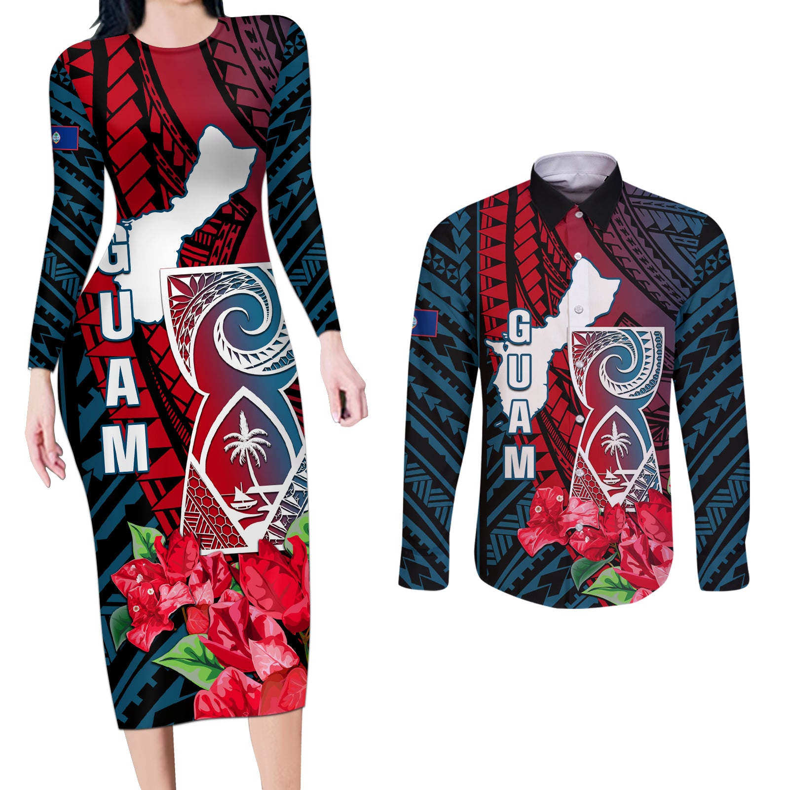 Guam Couples Matching Long Sleeve Bodycon Dress and Long Sleeve Button Shirts Latte Stone Mix Bougainvillea Polynesian Pattern LT05 Blue - Polynesian Pride