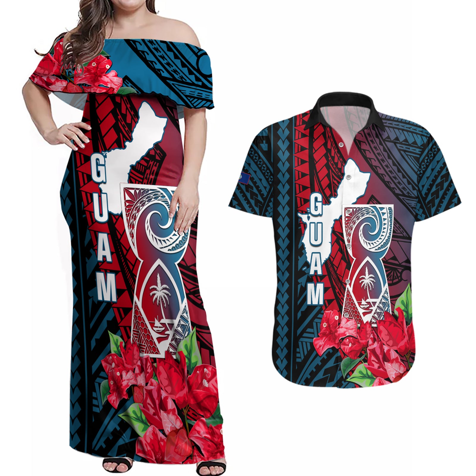 Guam Couples Matching Off Shoulder Maxi Dress and Hawaiian Shirt Latte Stone Mix Bougainvillea Polynesian Pattern LT05 Blue - Polynesian Pride