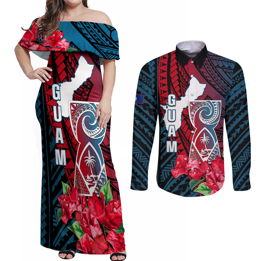 Guam Couples Matching Off Shoulder Maxi Dress and Long Sleeve Button Shirts Latte Stone Mix Bougainvillea Polynesian Pattern LT05 Blue - Polynesian Pride