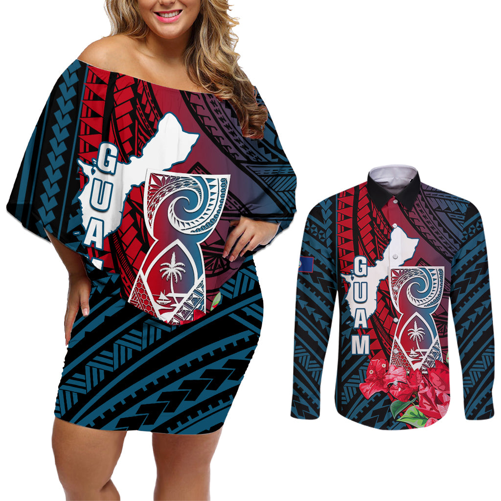 Guam Couples Matching Off Shoulder Short Dress and Long Sleeve Button Shirts Latte Stone Mix Bougainvillea Polynesian Pattern LT05 Blue - Polynesian Pride