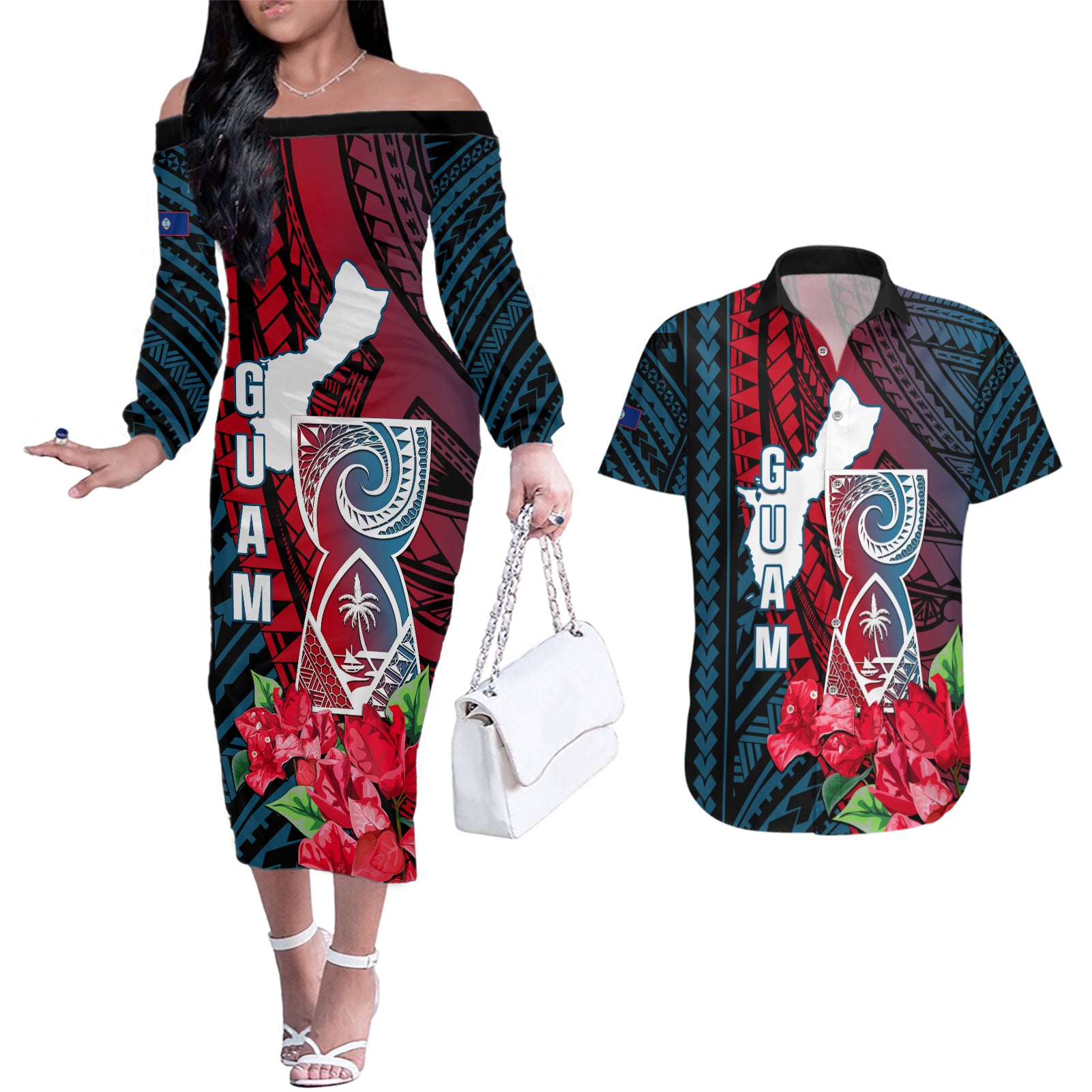 Guam Couples Matching Off The Shoulder Long Sleeve Dress and Hawaiian Shirt Latte Stone Mix Bougainvillea Polynesian Pattern LT05 Blue - Polynesian Pride