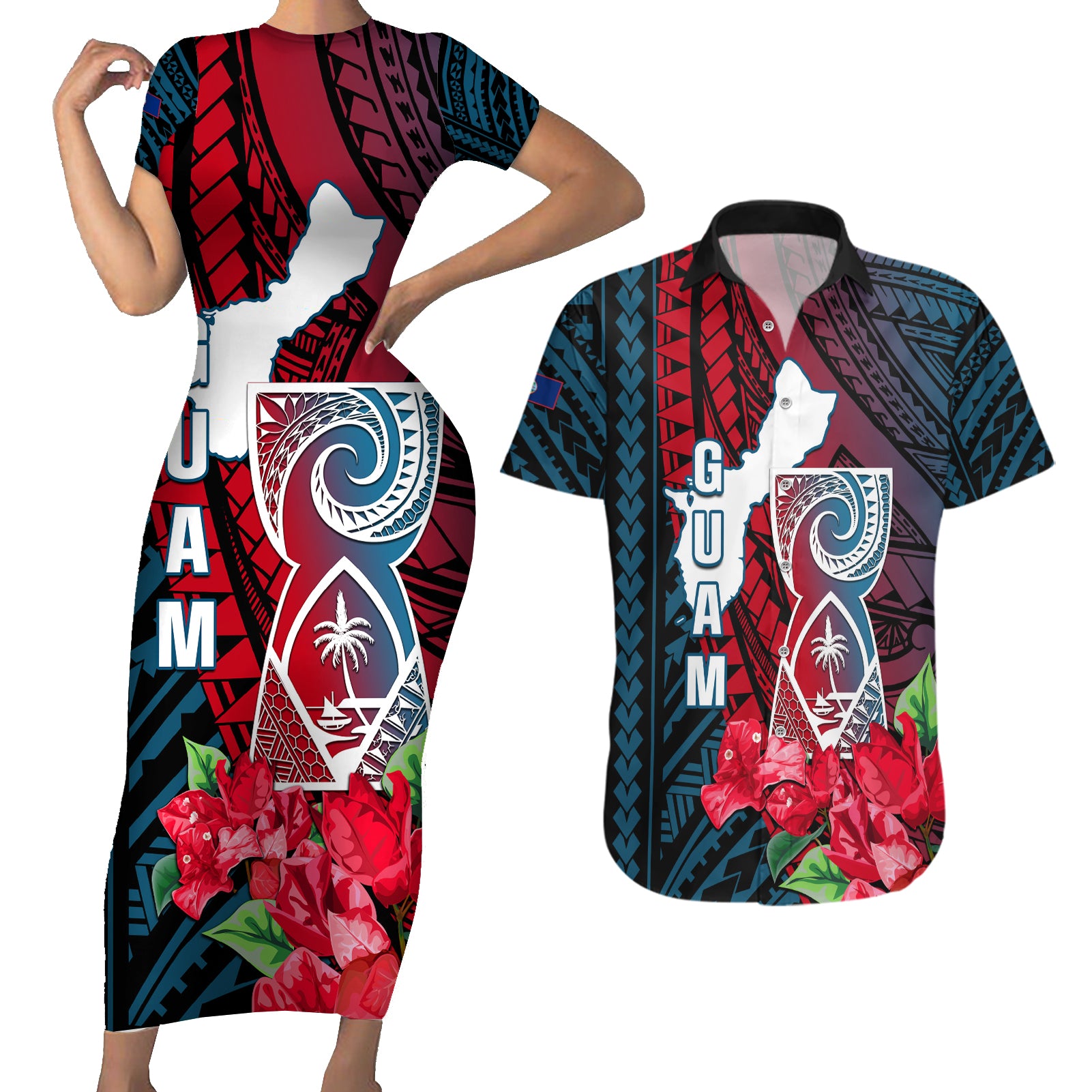 Guam Couples Matching Short Sleeve Bodycon Dress and Hawaiian Shirt Latte Stone Mix Bougainvillea Polynesian Pattern LT05 Blue - Polynesian Pride