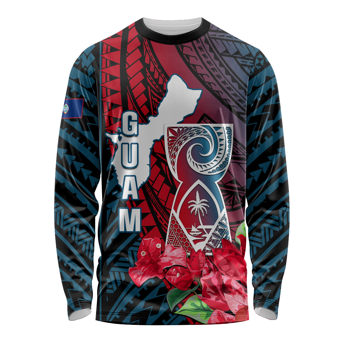 Guam Long Sleeve Shirt Latte Stone Mix Bougainvillea Polynesian Pattern LT05 Unisex Blue - Polynesian Pride