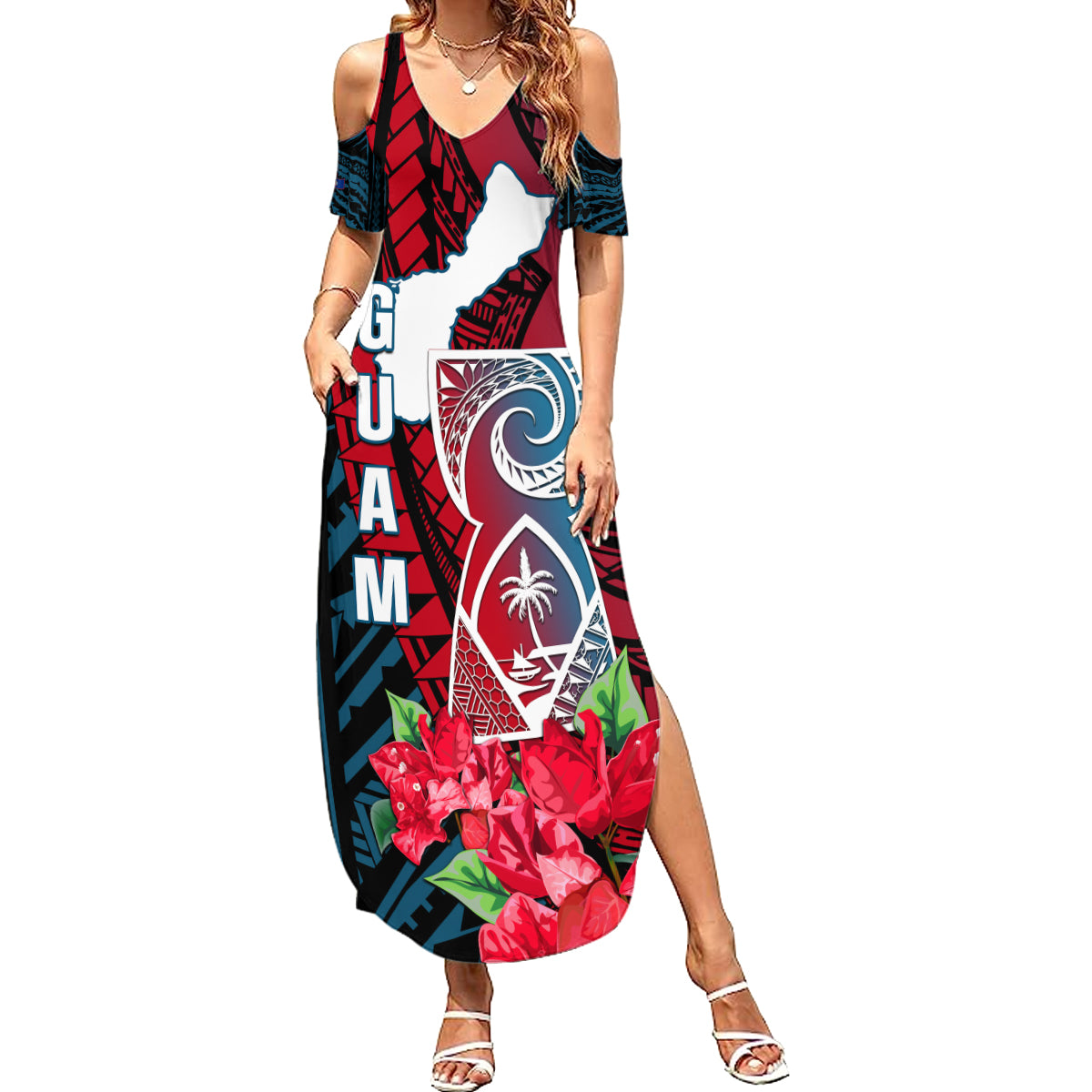 Guam Summer Maxi Dress Latte Stone Mix Bougainvillea Polynesian Pattern LT05 Women Blue - Polynesian Pride