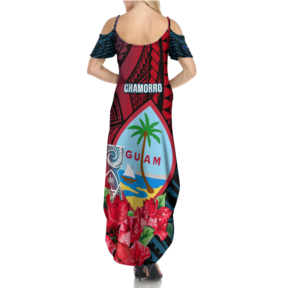 Guam Summer Maxi Dress Latte Stone Mix Bougainvillea Polynesian Pattern LT05 - Polynesian Pride