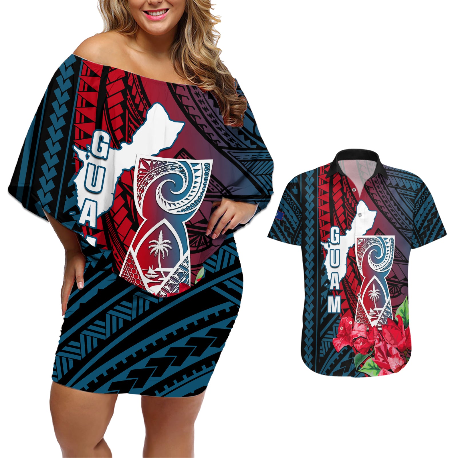 Personalized Guam Couples Matching Off Shoulder Short Dress and Hawaiian Shirt Latte Stone Mix Bougainvillea Polynesian Pattern LT05 Blue - Polynesian Pride