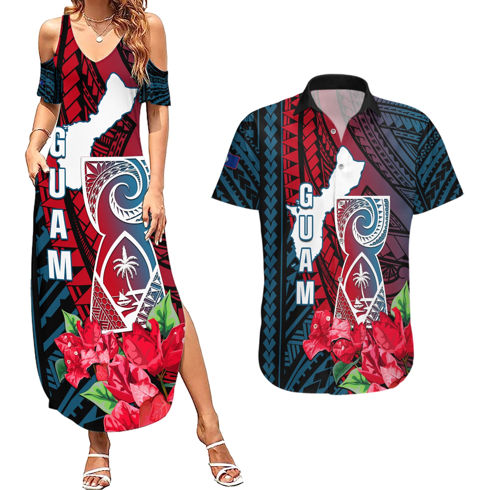 Personalized Guam Couples Matching Summer Maxi Dress and Hawaiian Shirt Latte Stone Mix Bougainvillea Polynesian Pattern LT05 Blue - Polynesian Pride