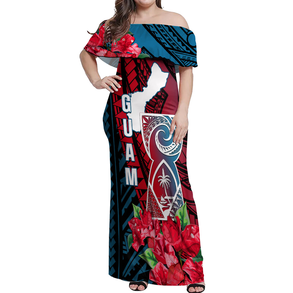 Personalized Guam Off Shoulder Maxi Dress Latte Stone Mix Bougainvillea Polynesian Pattern LT05 Women Blue - Polynesian Pride