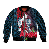 Personalized Guam Sleeve Zip Bomber Jacket Latte Stone Mix Bougainvillea Polynesian Pattern LT05 Unisex Blue - Polynesian Pride