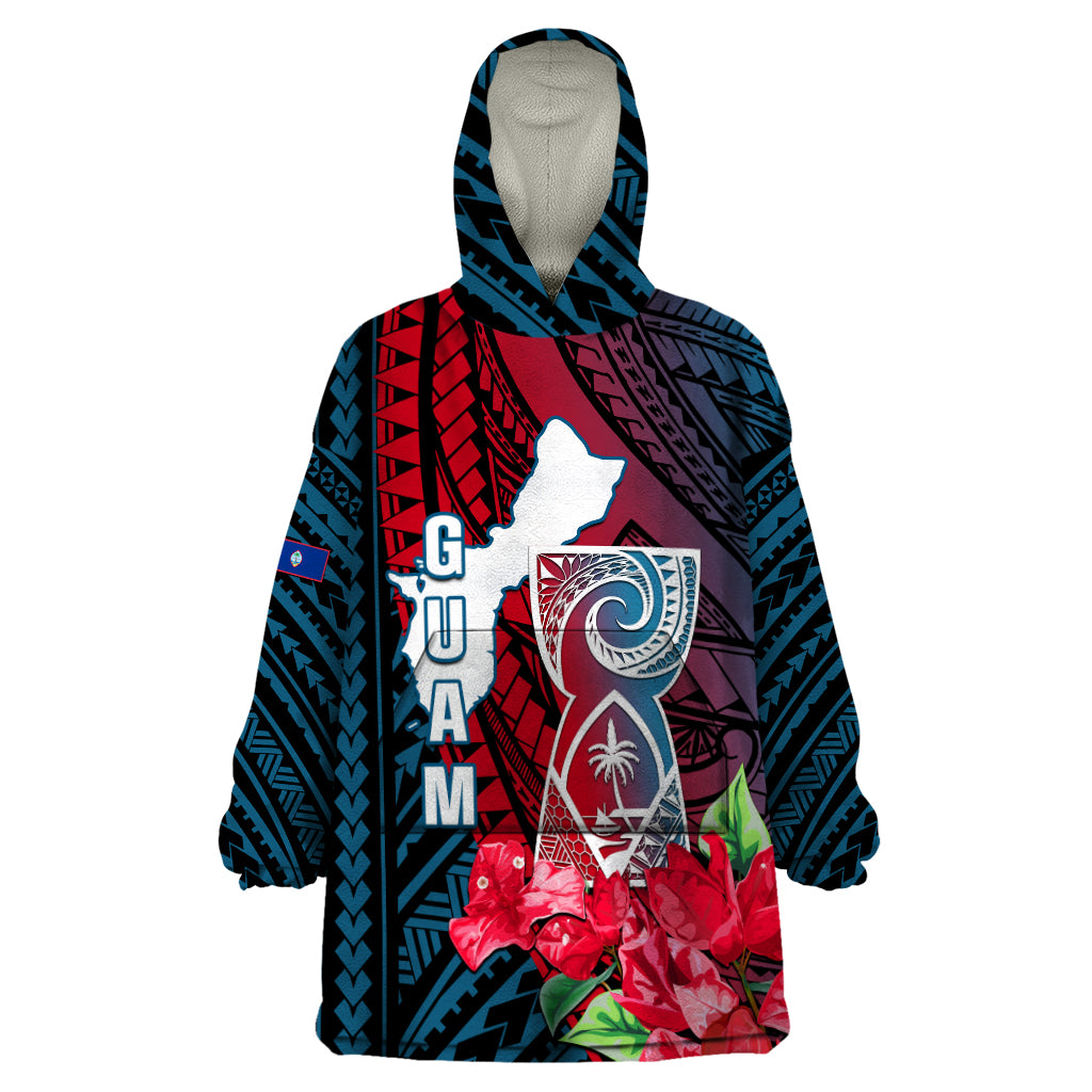 Personalized Guam Wearable Blanket Hoodie Latte Stone Mix Bougainvillea Polynesian Pattern LT05 One Size Blue - Polynesian Pride