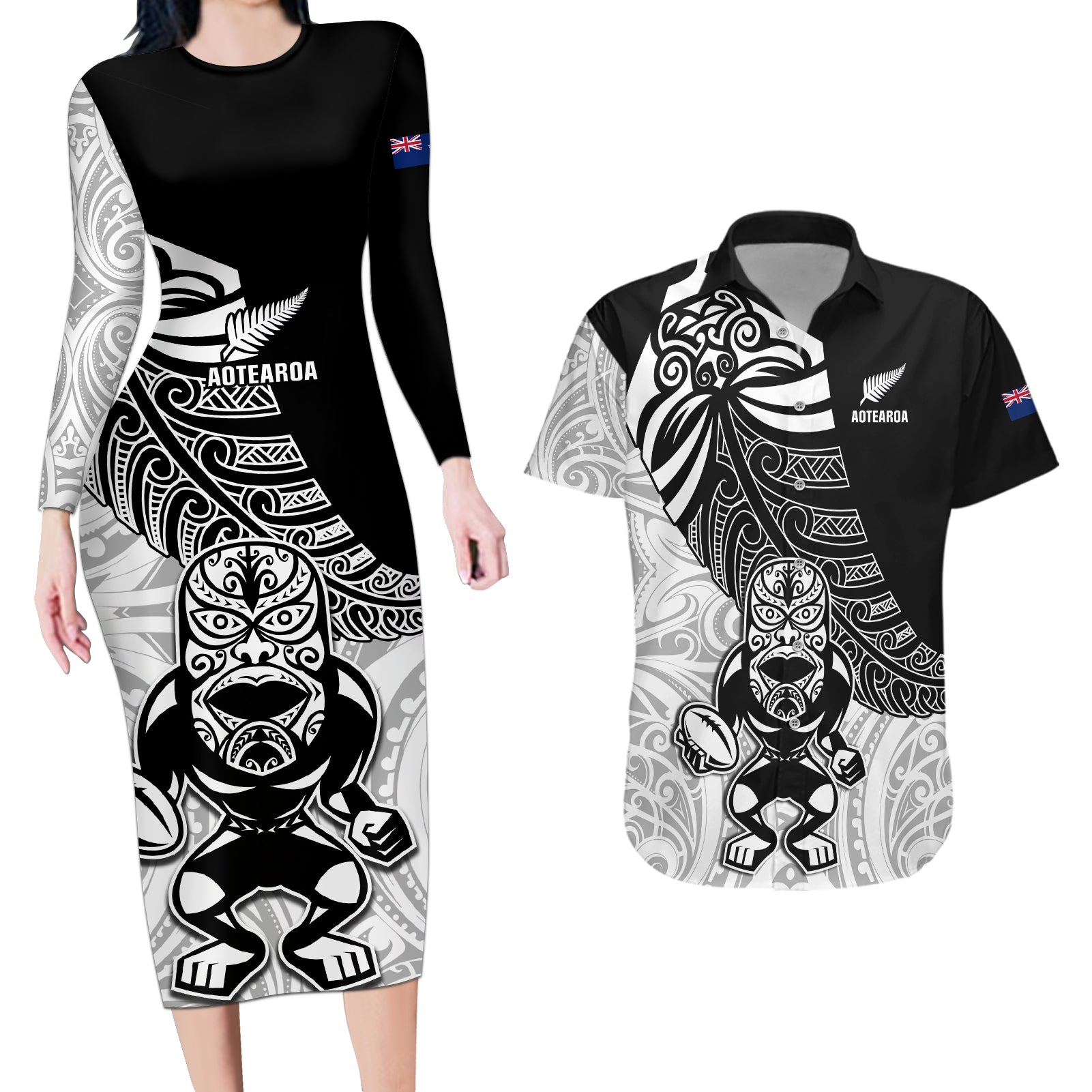 New Zealand Silver Fern Rugby Couples Matching Long Sleeve Bodycon Dress and Hawaiian Shirt World Cup 2023 Go Aotearoa Maori Pattern LT05 Black - Polynesian Pride