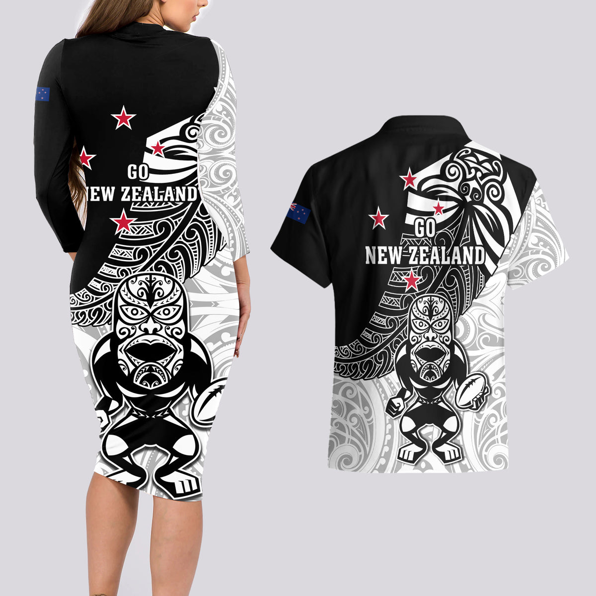 New Zealand Silver Fern Rugby Couples Matching Long Sleeve Bodycon Dress and Hawaiian Shirt World Cup 2023 Go Aotearoa Maori Pattern LT05 - Polynesian Pride