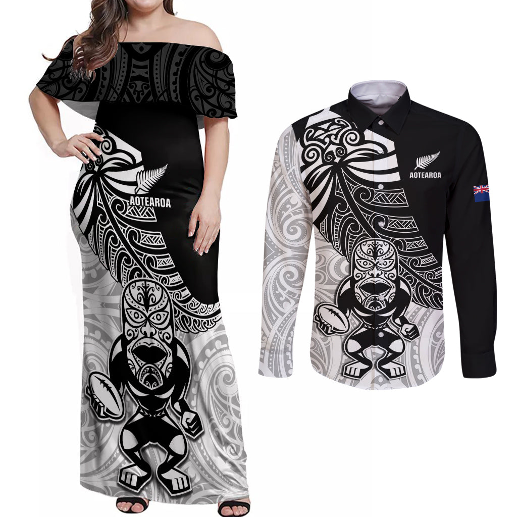 New Zealand Silver Fern Rugby Couples Matching Off Shoulder Maxi Dress and Long Sleeve Button Shirts World Cup 2023 Go Aotearoa Maori Pattern LT05 Black - Polynesian Pride