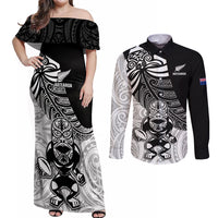 New Zealand Silver Fern Rugby Couples Matching Off Shoulder Maxi Dress and Long Sleeve Button Shirts World Cup 2023 Go Aotearoa Maori Pattern LT05 Black - Polynesian Pride
