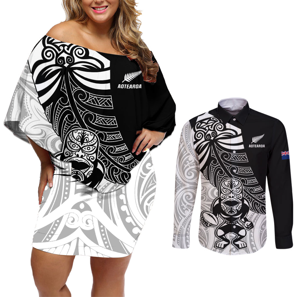 New Zealand Silver Fern Rugby Couples Matching Off Shoulder Short Dress and Long Sleeve Button Shirts World Cup 2023 Go Aotearoa Maori Pattern LT05 Black - Polynesian Pride