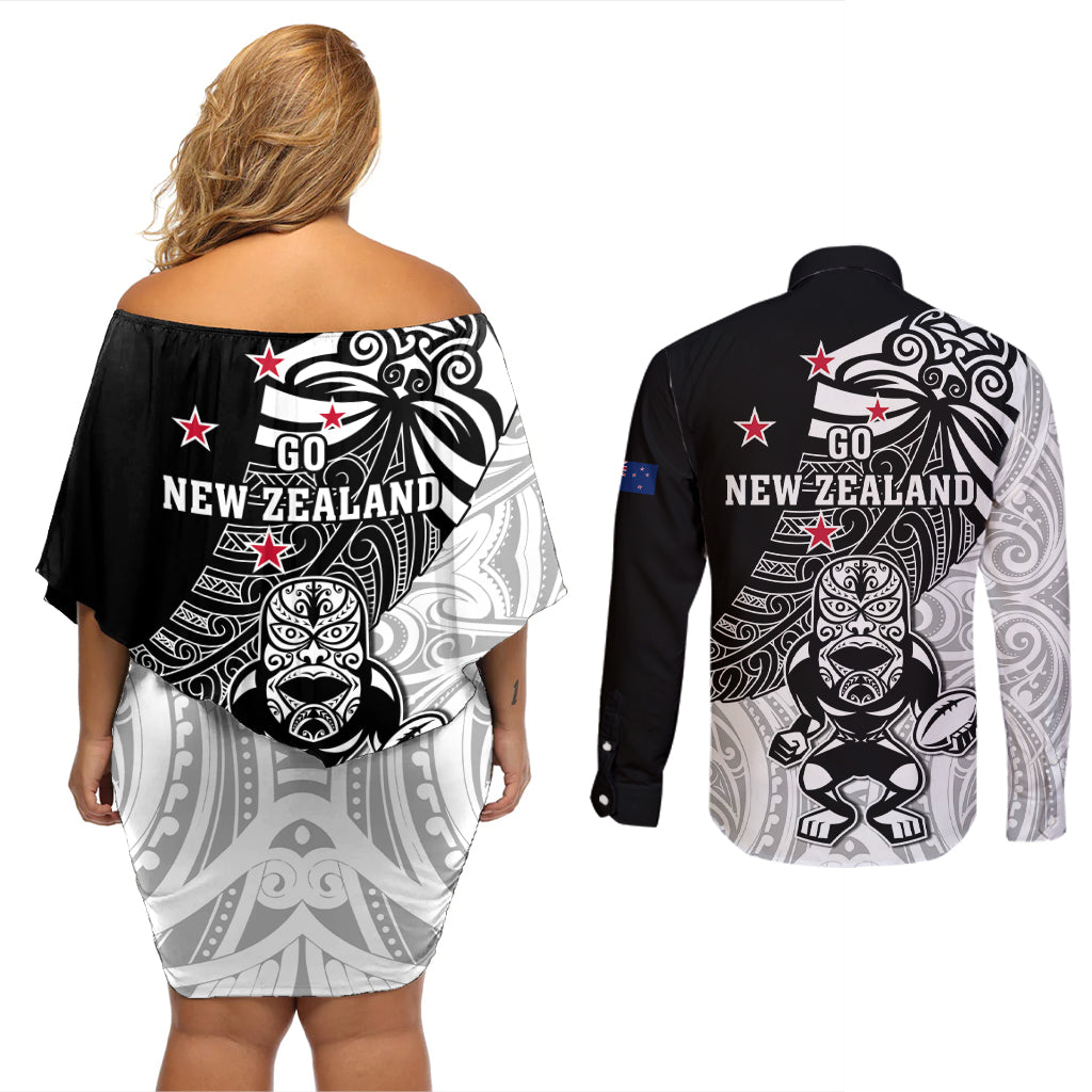 New Zealand Silver Fern Rugby Couples Matching Off Shoulder Short Dress and Long Sleeve Button Shirts World Cup 2023 Go Aotearoa Maori Pattern LT05 - Polynesian Pride