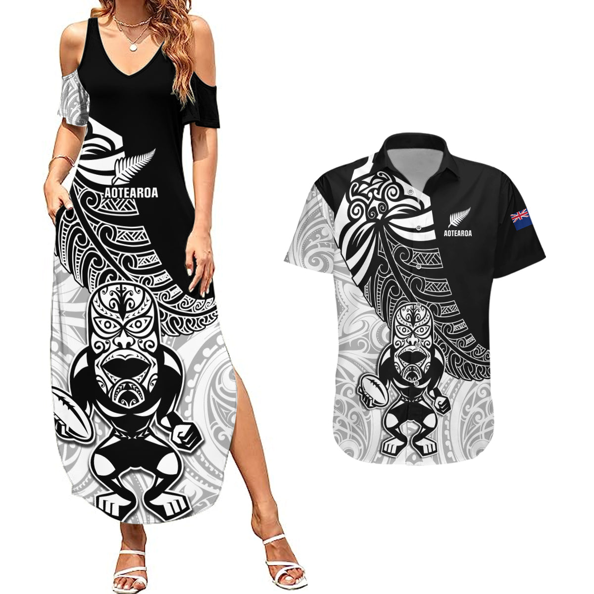 New Zealand Silver Fern Rugby Couples Matching Summer Maxi Dress and Hawaiian Shirt World Cup 2023 Go Aotearoa Maori Pattern LT05 Black - Polynesian Pride