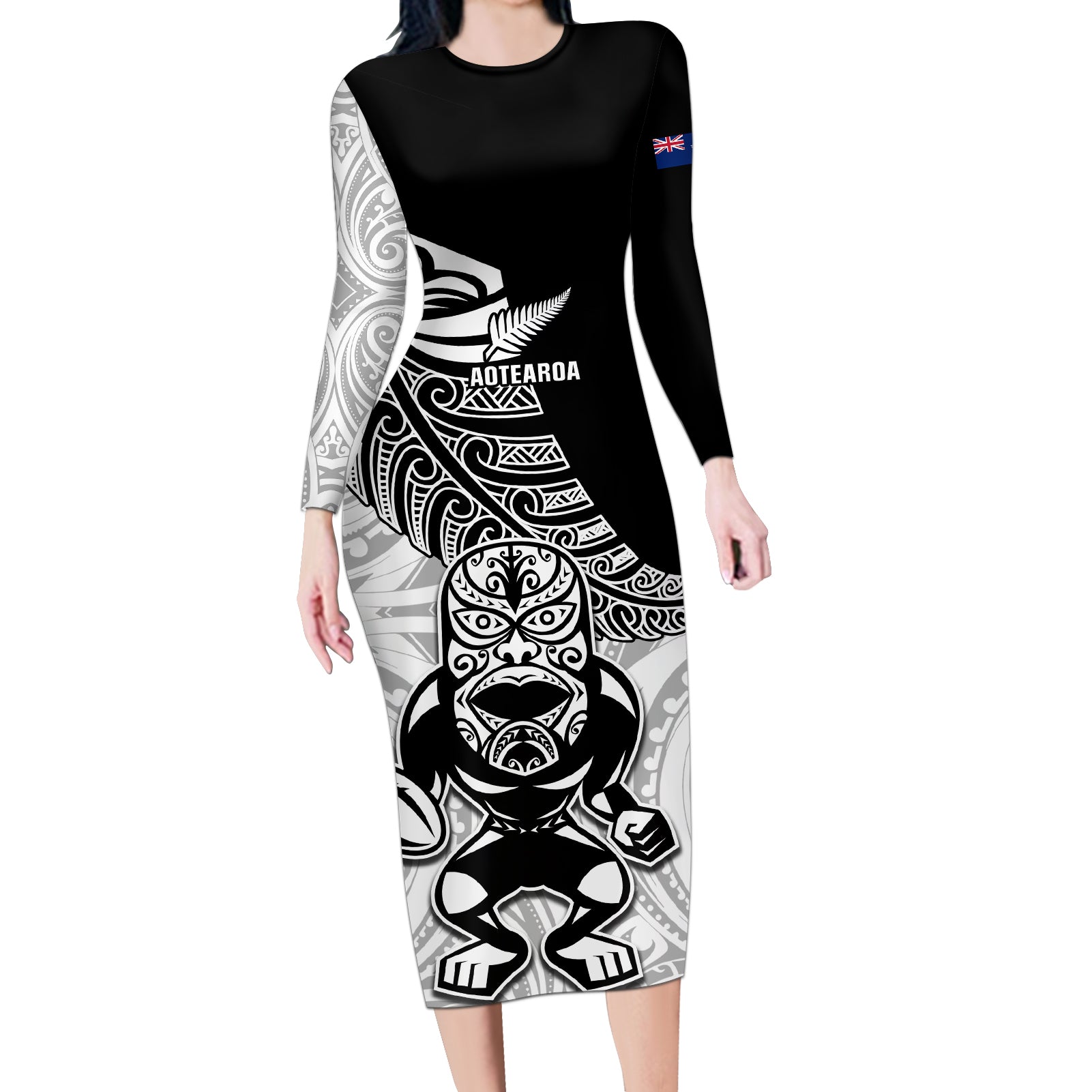 New Zealand Silver Fern Rugby Long Sleeve Bodycon Dress World Cup 2023 Go Aotearoa Maori Pattern LT05 Long Dress Black - Polynesian Pride