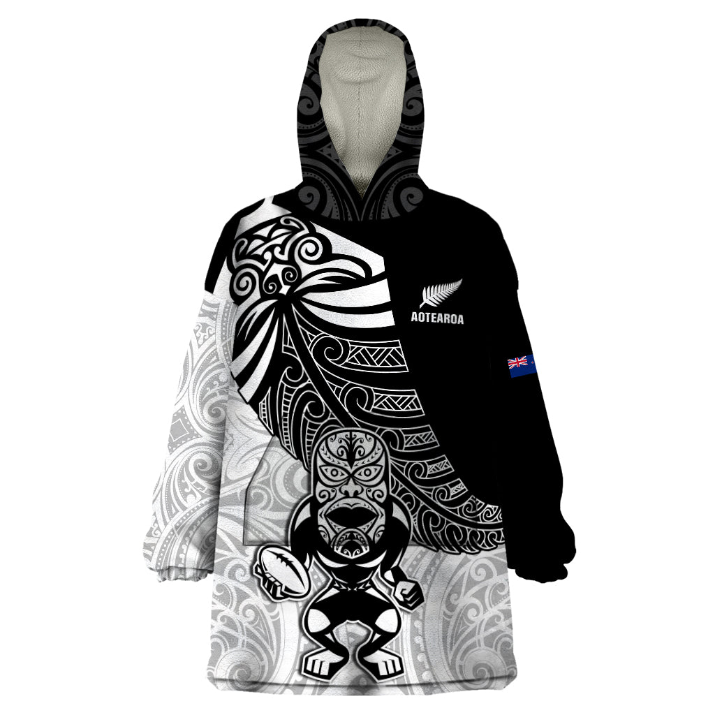 New Zealand Silver Fern Rugby Wearable Blanket Hoodie World Cup 2023 Go Aotearoa Maori Pattern LT05 One Size Black - Polynesian Pride