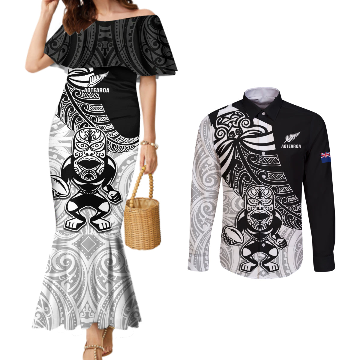 Custom New Zealand Fern Rugby Couples Matching Mermaid Dress and Long Sleeve Button Shirts World Cup 2023 Go Aotearoa Maori Pattern LT05 Black - Polynesian Pride