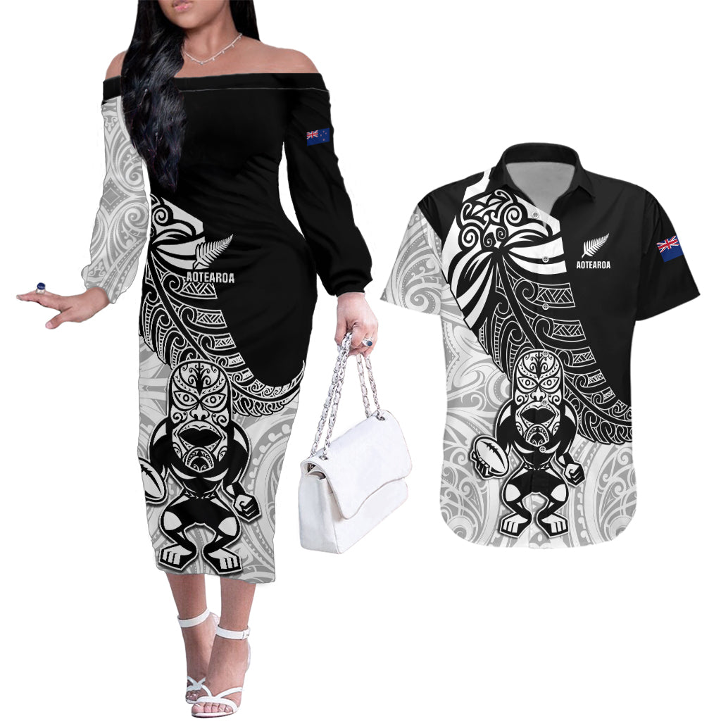 Custom New Zealand Fern Rugby Couples Matching Off The Shoulder Long Sleeve Dress and Hawaiian Shirt World Cup 2023 Go Aotearoa Maori Pattern LT05 Black - Polynesian Pride