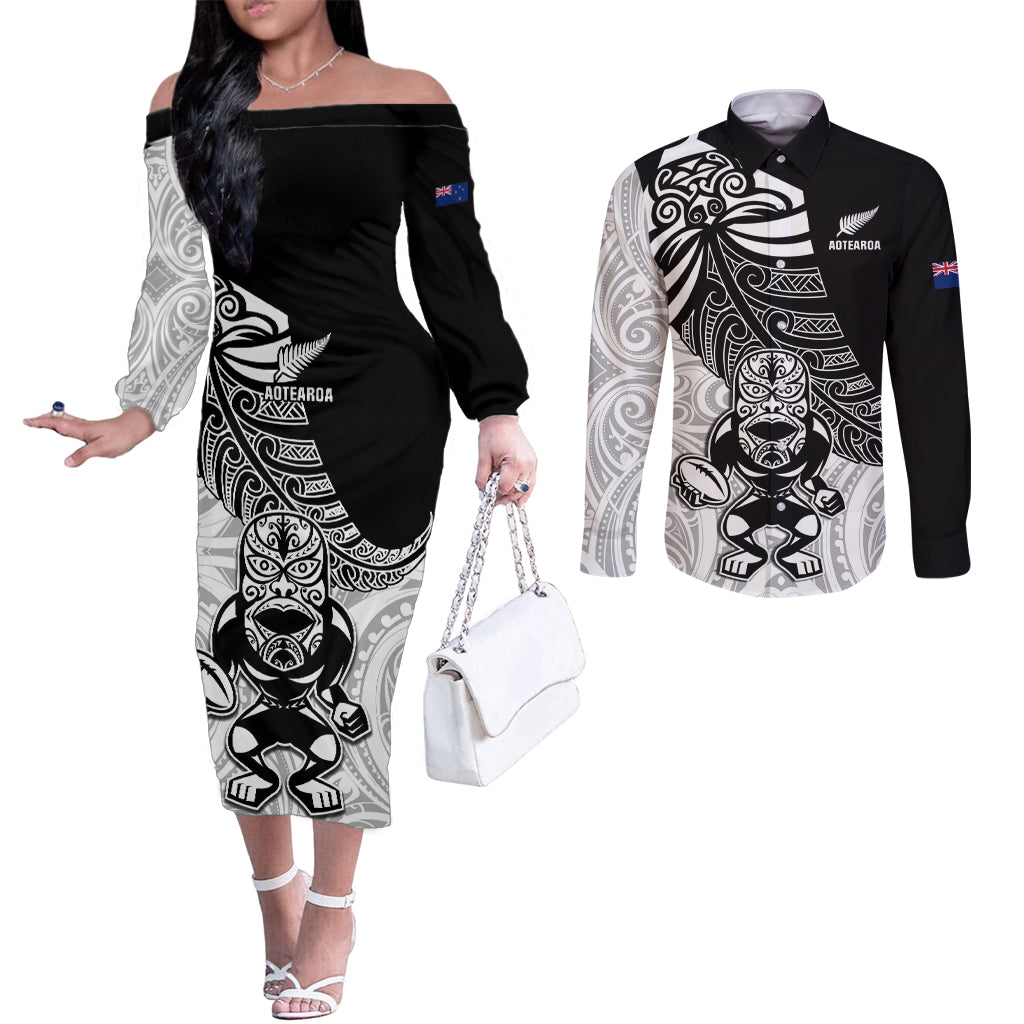 Custom New Zealand Fern Rugby Couples Matching Off The Shoulder Long Sleeve Dress and Long Sleeve Button Shirts World Cup 2023 Go Aotearoa Maori Pattern LT05 Black - Polynesian Pride