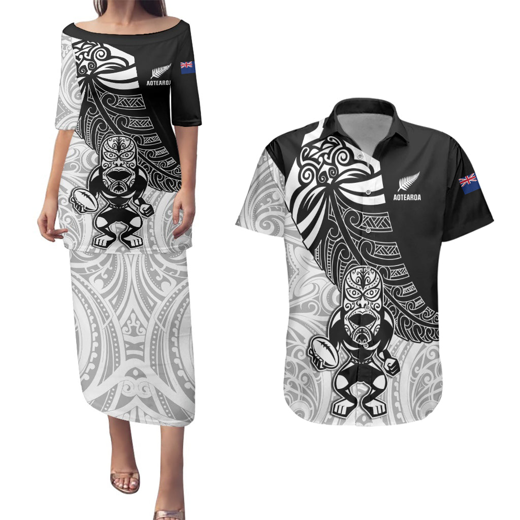 Custom New Zealand Fern Rugby Couples Matching Puletasi Dress and Hawaiian Shirt World Cup 2023 Go Aotearoa Maori Pattern LT05 Black - Polynesian Pride